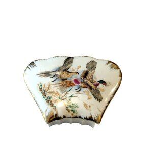 Vintage Japan Thanksgiving Pheasant Birds Porcelain Trinket Box Gold Edges
